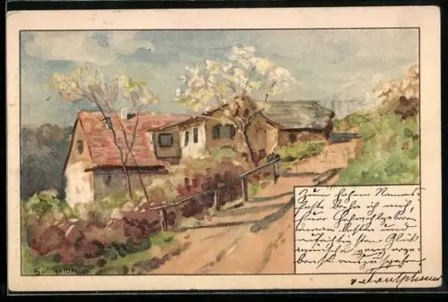 Künstler-AK August Splitgerber: Wegpartie an einem Haus hinter zwei jungen Bäumen in Blüte