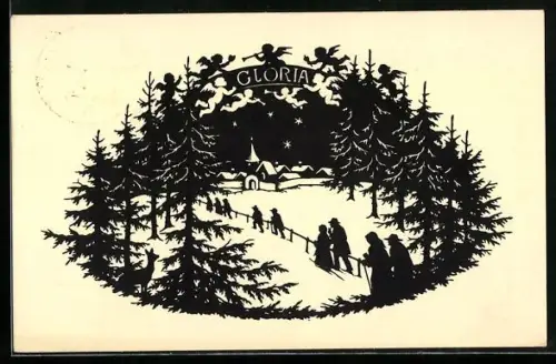 Künstler-AK Josefine Allmayer: Bewohner auf dem Weg zur Kirche