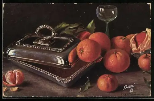 Künstler-AK Fritz Hildebrandt: Stilleben mit Orangen und Glas
