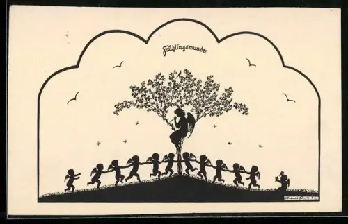 Künstler-AK Elsbeth Forck: Kleine Engel tanzen um einen blühenden Baum