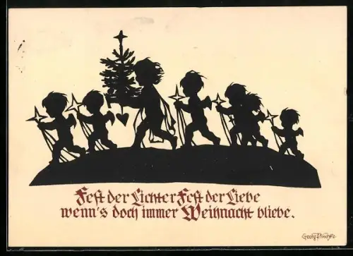 Künstler-AK Georg Plischke: Kleine Engel tragen Sterne und einen Weihnachtsbaum