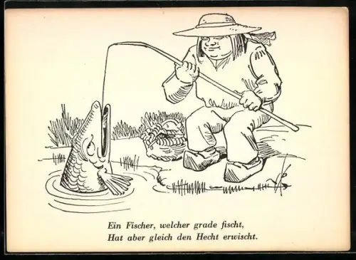 Künstler-AK Wilhelm Busch: Fischer zieht einen riesigen Hecht aus dem Wasser