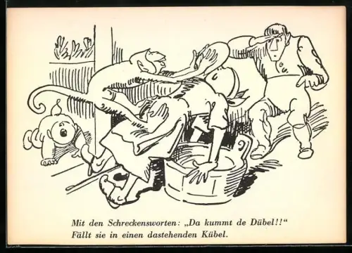 Künstler-AK Wilhelm Busch: Affe springt auf dem Rücken einer Frau