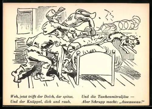Künstler-AK Wilhelm Busch: Hund flieht aus einem Bett