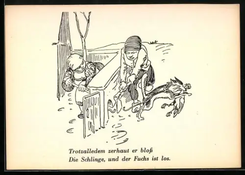 Künstler-AK Wilhelm Busch: Fuchs entkommt mit einem Huhn