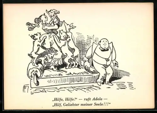 Künstler-AK Wilhelm Busch: Frau wird von Hunden angesprungen