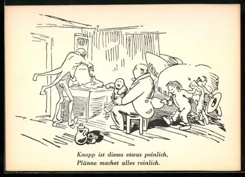 Künstler-AK Wilhelm Busch: Junggeselle in einer Stube mit Kindern