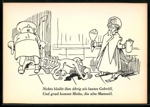 Künstler-AK Wilhelm Busch: Affe begegnet zwei Frauen auf dem Gehweg