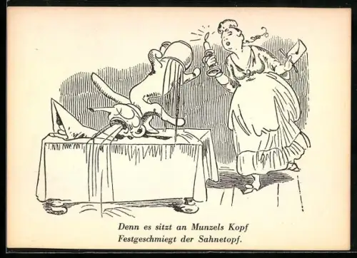 Künstler-AK Wilhelm Busch: Katze auf einem Tisch mit dem Sahnetopf auf dem Kopf