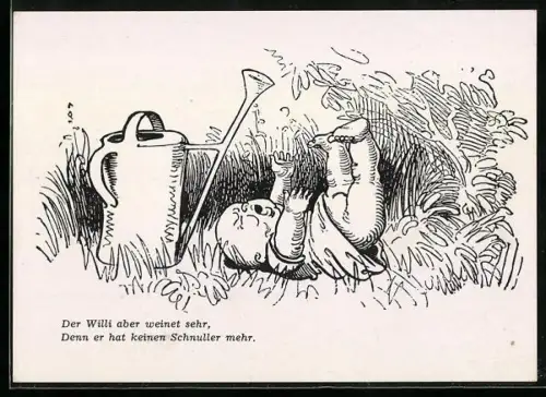 Künstler-AK Wilhelm Busch: Kleinkind weint, weil es seinen Schnuller verloren hat