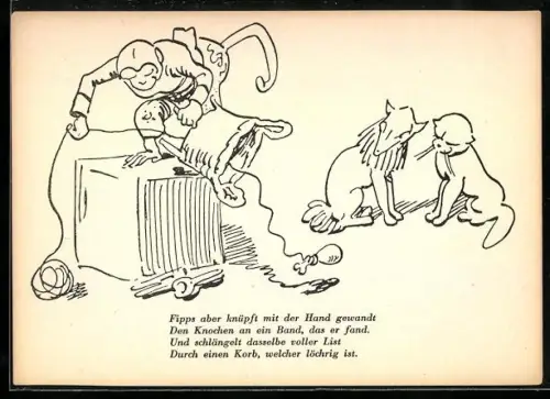 Künstler-AK Wilhelm Busch: Affe zieht einen Knochen an einem Band durch den Korb