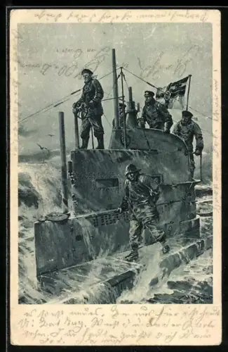 Künstler-AK Willy Stoewer: U-Boot-Tag 1917, Auf dem Kommandoturm eines U-Bootes