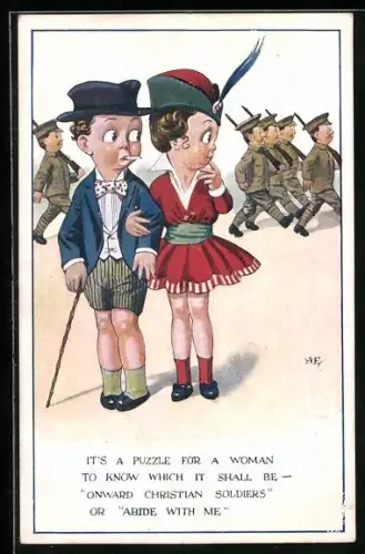 Künstler-AK elegant gekleidetes Paar blick auf marschierende britische Soldaten