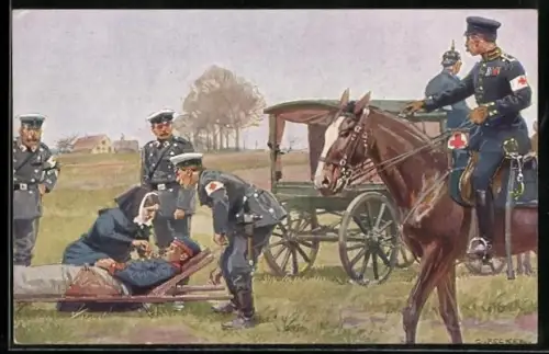 Künstler-AK C. Becker Rot-Kreuz-Sanitäter versorgen einen Verwundeten