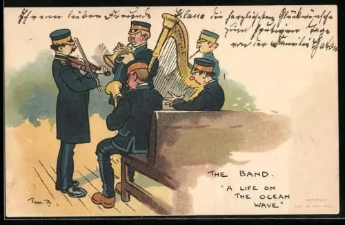 Künstler-AK Tom Browne: A Life on the Ocean Wave, Musizierende Herren mit Geige, Harfe und Trompete