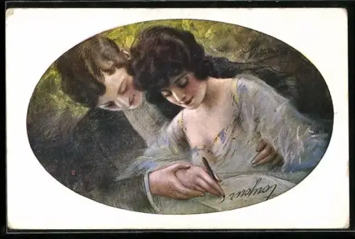 Künstler-AK G. Guerzoni: Paar schreibt Arm in Arm einen Brief