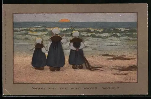 Künstler-AK S. Barham: What are the wild waves saying?, Mädchen schauen zu wie die Sonne im Meer versinkt