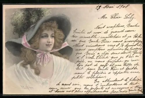 Künstler-AK Wichera: Junge Dame mit rot gewelltem Haar und Hut