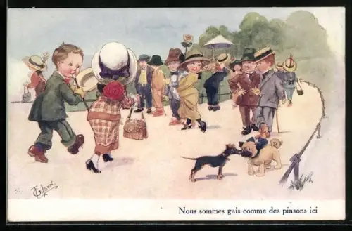 Künstler-AK T. Gilson: Hundepaar auf einer Promenade umgeben von menschlichen Pärchen