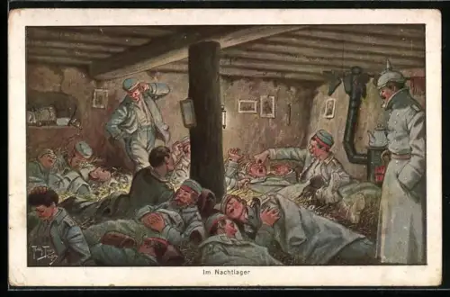 Künstler-AK A. Thiele: Im Nachtlager, deutsche Soldaten schlafen im Unterstand
