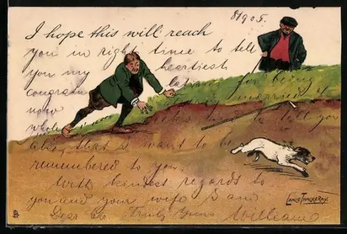 Künstler-AK L. Thackeray: Hund läuft vor seinem Besitzer davon