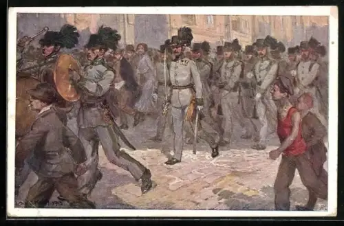 Künstler-AK Ludwig Koch: Marschierende Soldaten auf einer Strasse