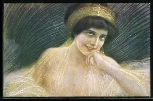 Künstler-AK G. Guerzoni: Frauenporträt mit goldenem Tuch