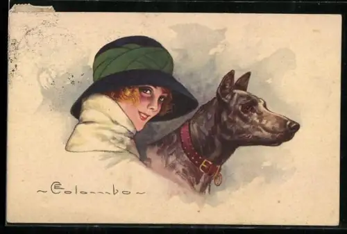 Künstler-AK E. Colombo: Lächelnde Dame mit ihrem Hund
