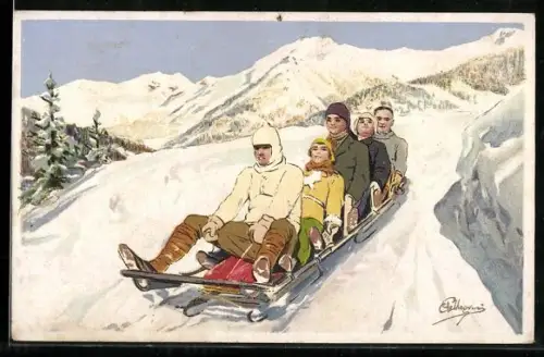 Künstler-AK Carlo Pellegrini: Gruppe fährt auf einem Schlitten einen Berg herunter
