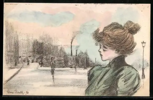 Künstler-AK Henri Boutet: Frau in grünem Kleid vor einer Fabrik