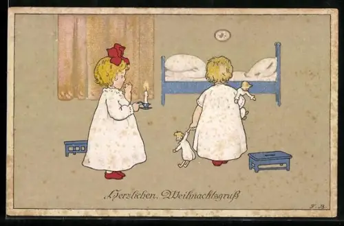 Künstler-AK Fritz Baumgarten: Kinder im Nachthemd mit Puppen