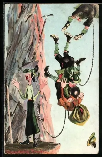 Künstler-AK Ermenegildo Antonio Donadini: Bergsteiger fallen eine Felswand herunter