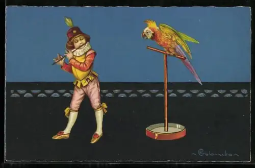 Künstler-AK E. Colombo: Flötespielender Junge mit einem Papageien