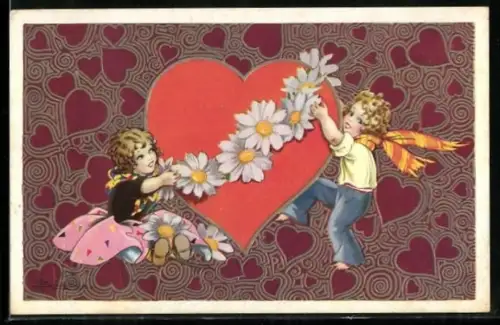 Künstler-AK Adolfo Busi: Kinder hängen eine Blumengirlande an ein Herz