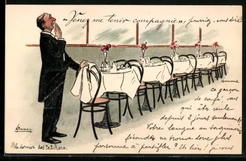 Künstler-AK L. Thackeray: Gähnender Kellner im leeren Restaurant