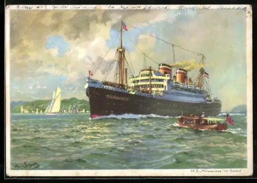 Künstler-AK Hans Bohrdt: M. S. St. Louis im Solent, Blick auf Küste, Passagierschiff