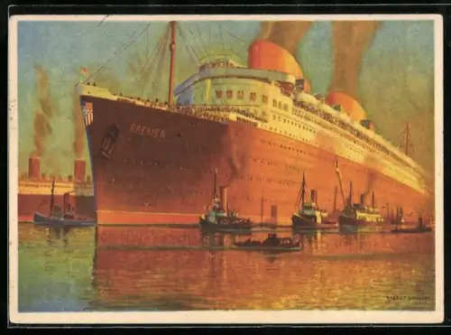 Künstler-AK Robert Schmidt: Passagierschiff Bremen des Norddeutschen Lloyd im Hafen