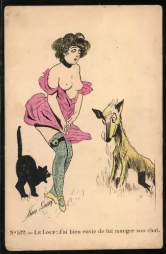 Künstler-AK Xavier Sager: Frau mit entblösster Brust zwischen Katze und Wolf