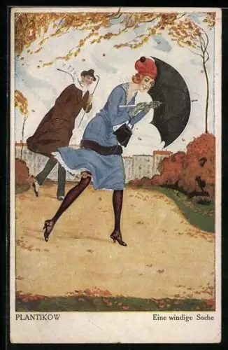 Künstler-AK Plantikow: junger Herr folgt einer schönen Frau mit Schirm durch den Sturm