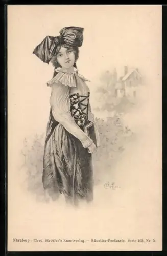 Künstler-AK E. Bottaro: Mädchen in Tracht mit Buch in der Hand