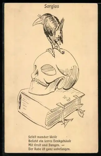 Künstler-AK Wilhelm Busch: Rabe steht auf einem Schädel