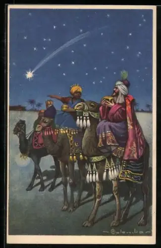Künstler-AK E. Colombo: Die heiligen drei Könige folgen dem Stern nach Bethlehem