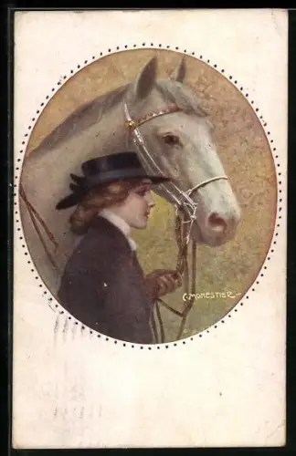 Künstler-AK C. Monestier: Dame mit ihrem Pferd