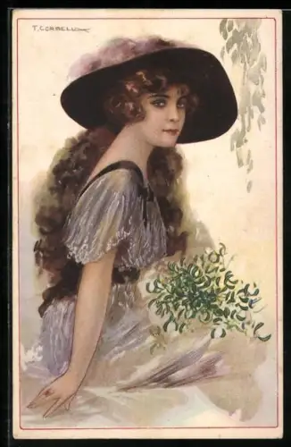 Künstler-AK Tito Corbella: Junges Mädchen mit Mistelzweig in der Hand