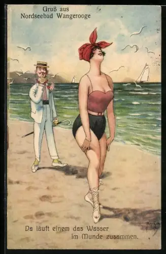 Künstler-AK Arthur Thiele: Wangerooge, Mann schaut einer Dame am Strand hinterher