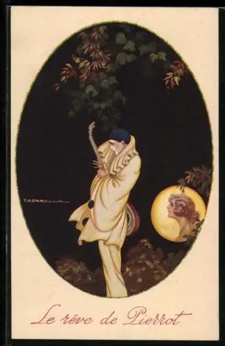 Künstler-AK Tito Corbella: Pierrot mit Laute im dunklen Garten