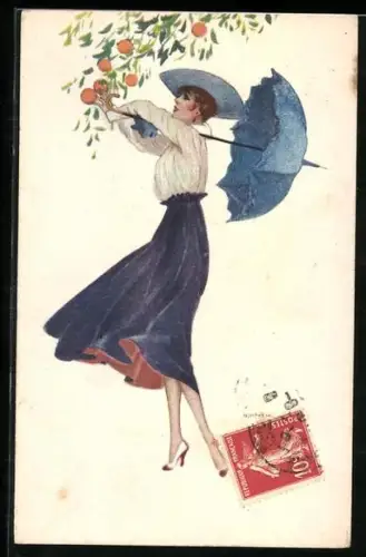 Künstler-AK sign. Bianchi: Frau mit Schirm an einem Orangenbaum