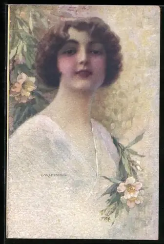 Künstler-AK C. Monestier: Frauenporträt inmitten von Blüten