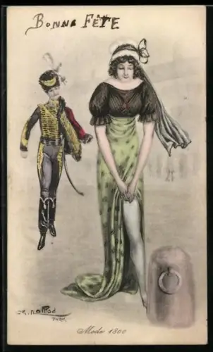 Künstler-AK Charles Naillod: Mode 1800, Dame hebt ihren Rock an