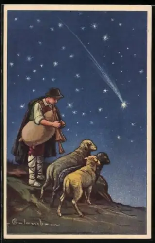 Künstler-AK E. Colombo: Hirte und Schafe sehen den Stern von Bethlehem